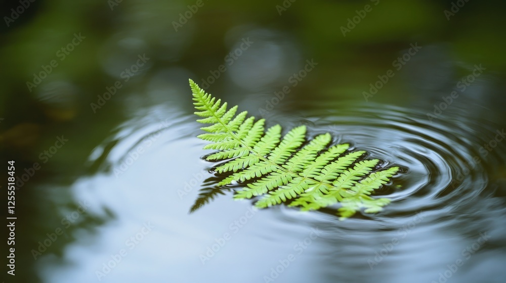 Poster a close-up of a green fern leaf floating delicately in a pond, surrounded by calm reflections and so