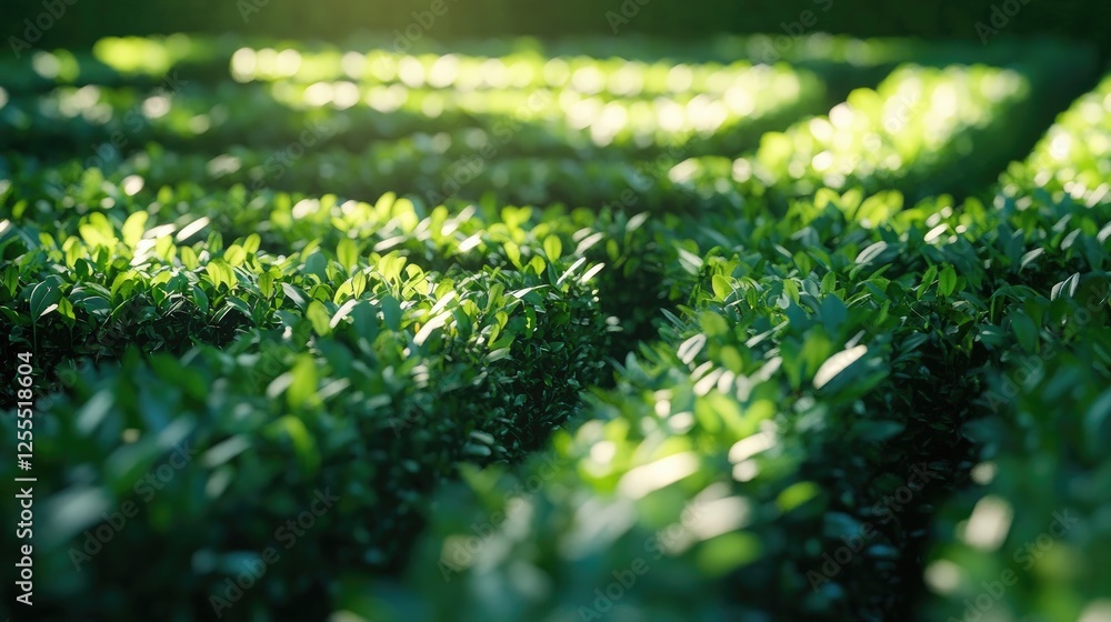 Poster a close-up of a lush green hedge creating the walls of a labyrinth, with sunlight shining through th