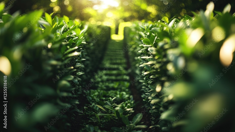 Poster a close-up of a lush green hedge creating the walls of a labyrinth, with sunlight shining through th