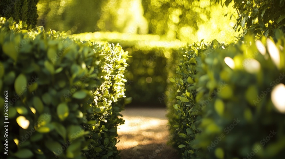 Poster a close-up of a lush green hedge creating the walls of a labyrinth, with sunlight shining through th