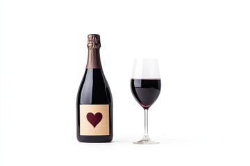 Elegant wine bottle with heart label and glass of red wine on white background