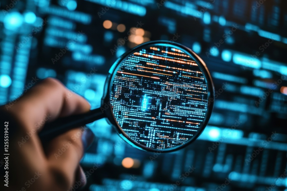 Poster magnifying glass over glowing blue code. illustrates cybersecurity, code analysis, or software debug