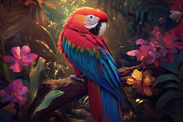 Obraz premium Vibrant Parrot in Tropical Bloom