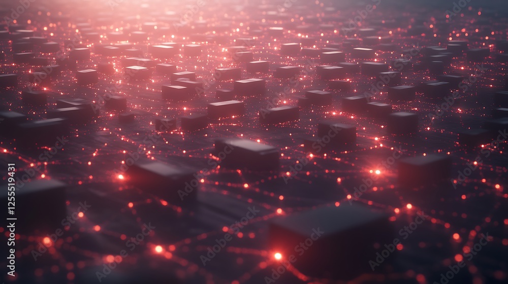 Aufkleber A futuristic digital landscape with interconnected blocks and glowing circuits, representing technology and data networks.