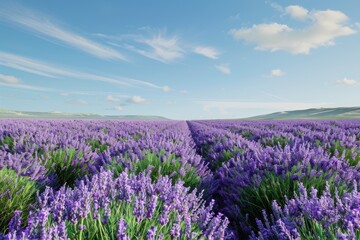 Fototapeta premium Expansive Lavender Fields Under Clear Blue Skies in Full Bloom During the Summer Months