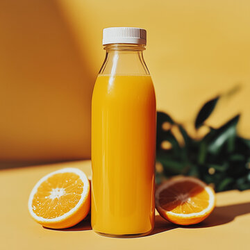 ottle of Orange Juice, Fresh and Tasty on Orange Background