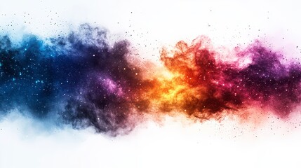 Obraz premium Abstract colorful powder explosion on white background, vibrant colors, various shades, glittery particles, dramatic effect, dynamic movement, explosive action.