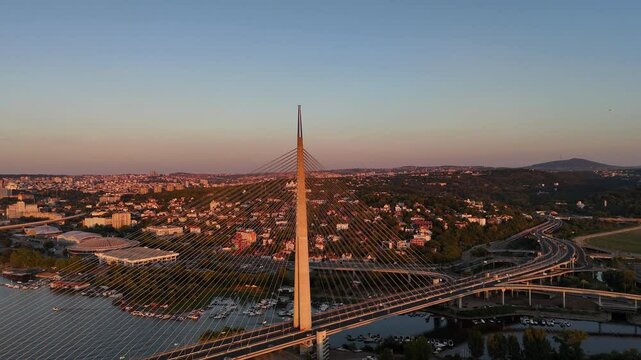 Sunset in the city from a bird's eye view with a view of the bridge