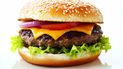 Juicy cheeseburger with sesame seed bun, lettuce, tomato, and red onion.  Perfect for fast food, restaurant, or culinary advertising.