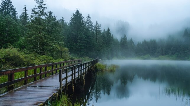 Misty morning lake view with wooden boardwalk and evergreen forest