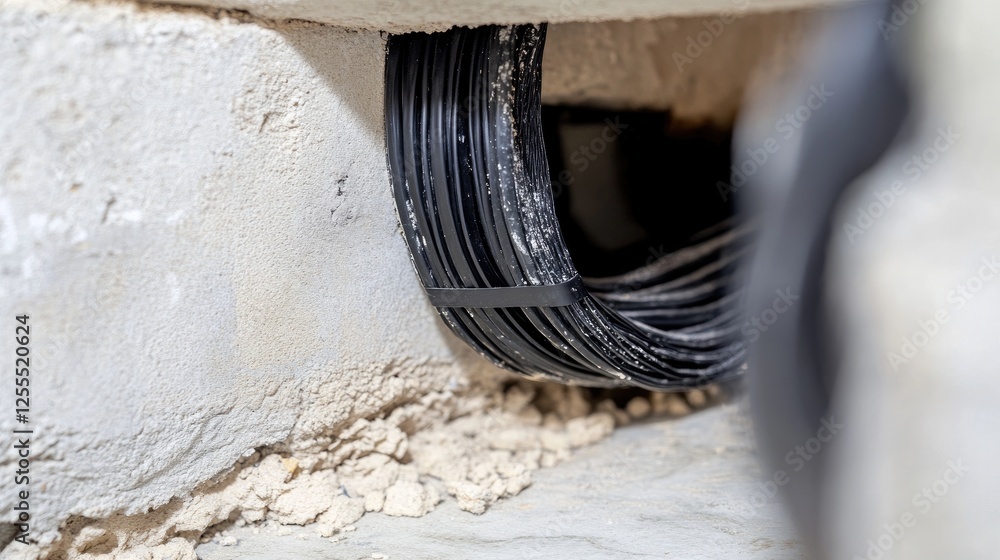 Aufkleber a close-up of an insulated wire bundle with black tape, running through a wall hole, showcasing neat