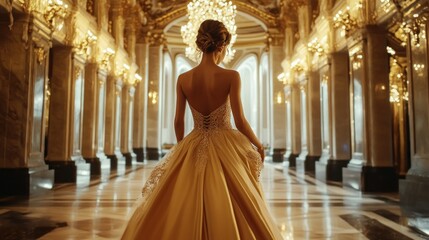 Elegant woman in golden gown stands in a grand hall with crystal chandeliers