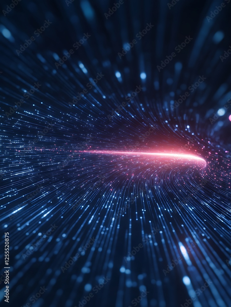 Poster a vibrant cosmic scene depicting streaks of light and particles, conveying a sense of speed and move