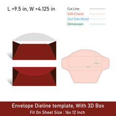 Envelope Dieline template, With 3D Box, Size 9.5 x 4.125, Vector File