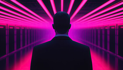 Intriguing back view of a neon-lit futuristic server room a mysterious digital art encounter