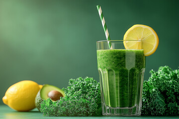 glass of green smoothie with kale, avocado and lemon  Fresh smoothie healthy drink diet weight loss organic detox cocktail 