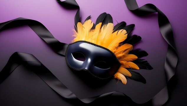 dark carnival mask with bright feathers and satin ribbons on purple to black gradient for use in dramatic event promotions