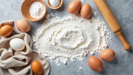 Close-up of pristine white flour dusted over a chic gray surface, with delicate flecks creating texture and depth