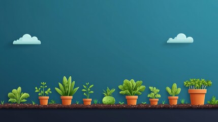 Fototapeta premium Potted plants against a blue wall with clouds above.