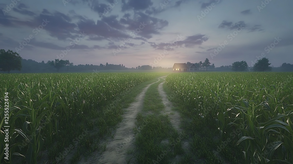 Poster a serene landscape at dusk, featuring a winding path through lush green fields, with a soft glow of 