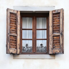 Obraz premium Old wooden window shutters open, revealing sheer curtains. European architecture background, ideal for home decor