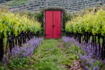 Red door in vibrant vineyard with blossoming lavender pathway