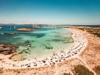 Aerial view of a crowded beach in summer, Formentera, Canary Islands, Balearic Islands, Spain