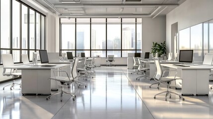 Bright and Modern Open Office Space with City View and White Furniture