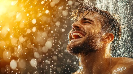 Macro photograph capturing the dynamic moment of water splashing and cascading against a person s shoulder while enjoying a revitalizing outdoor shower experience in nature