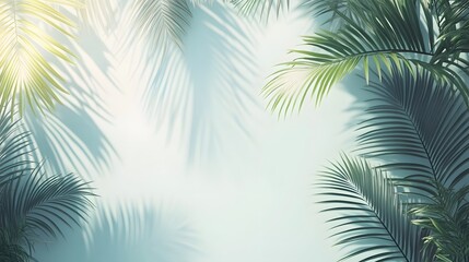 Fototapeta premium Flat lay composition of palm leaves on a tropical background with vibrant green colors and textures