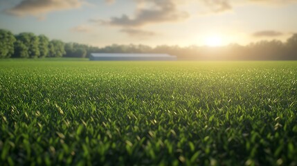 Fototapeta premium A serene landscape featuring lush green grass under a golden sunrise, with trees in the background and a building in the distance.
