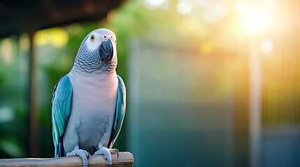 Obraz premium A vibrant parrot perched on a wooden rail, basking in the warm sunlight amidst lush greenery