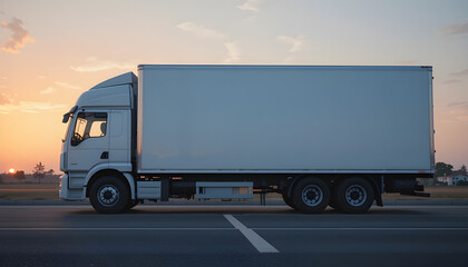 White Box Truck Driving on Highway at Sunset