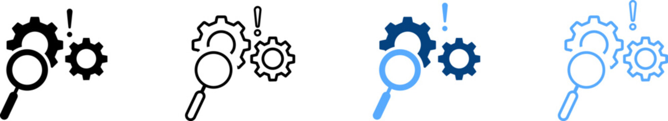 Icon Set of Gear Wheels and Magnifying Glass – Factory Mechanism Symbols