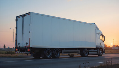 White Semi Truck Driving at Sunset