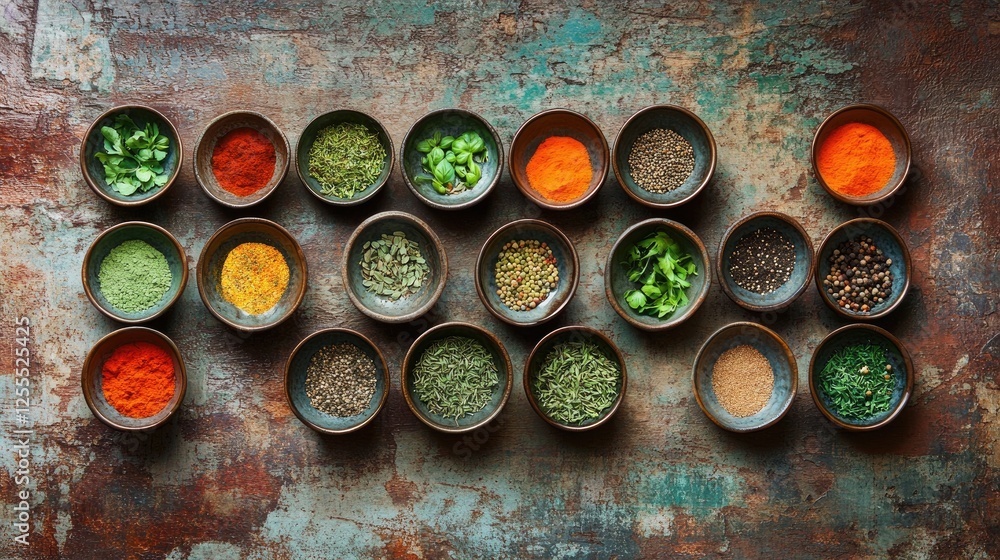 Poster A colorful array of herbs and spices in bowls on a rustic background, perfect for cooking enthusiasts and food photography