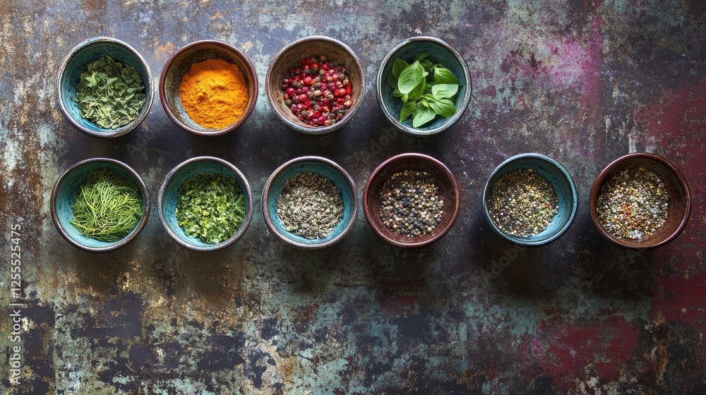 Poster A colorful array of herbs and spices in bowls on a rustic background, perfect for cooking enthusiasts and food photography