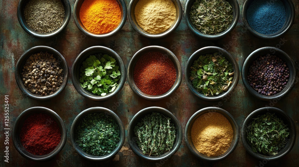 Poster A colorful array of herbs and spices in bowls on a rustic background, perfect for cooking enthusiasts and food photography