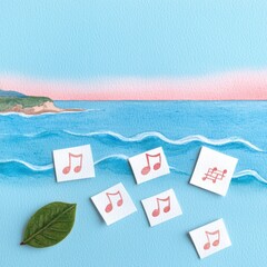 Pastel Pink and Blue Ocean Scene with Musical Notes
