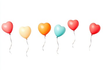 Colorful heart-shaped balloons floating against a white background (1)