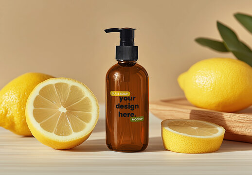 Glass Soap Dispenser Mockup with Lemons