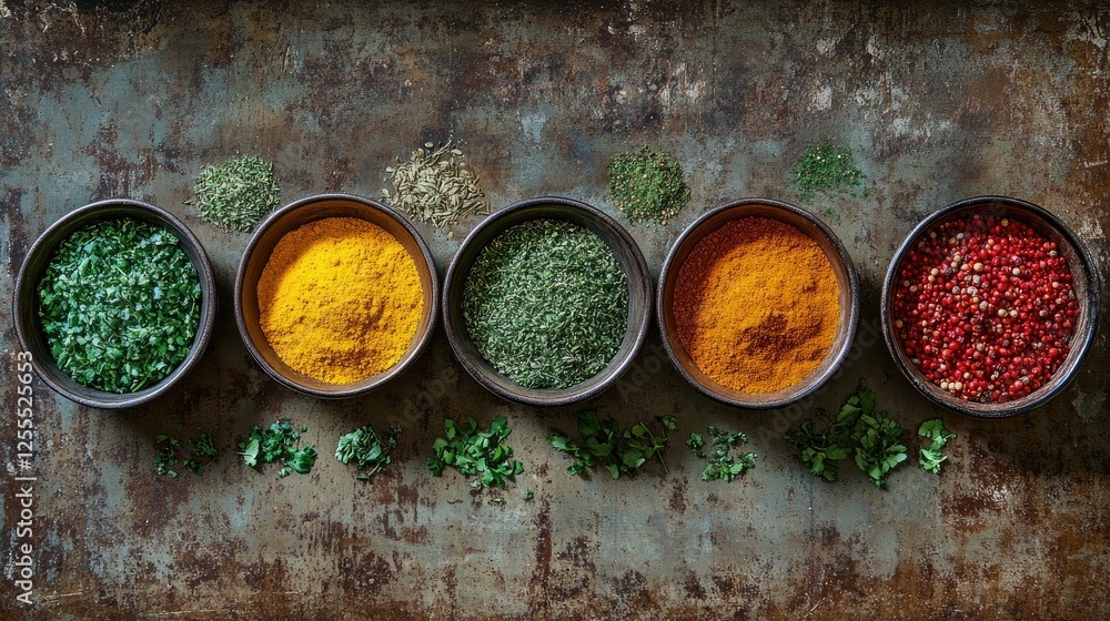 Poster A colorful array of herbs and spices in bowls on a rustic background, perfect for cooking enthusiasts and food photography