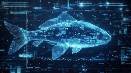 A fish is shown in a blue and white image with a lot of detail. The fish is surrounded by a lot of numbers and graphs, giving the impression of a scientific or technological representation of the fish