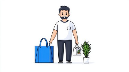 Cheerful Young Man with Shopping Bags and Potted Plant in Minimalist Style Illustration