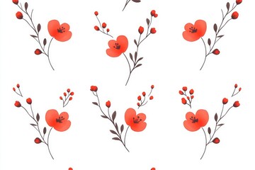 Floral pattern featuring red flowers and branches on a white background