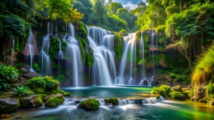 Obraz premium Lush Waterfall in Tropical Rainforest