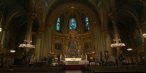 Obraz premium Christmas church interior, altar, trees. Festive holiday season