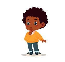 cute little boy show close mouth with finger pose be quiet shhh	