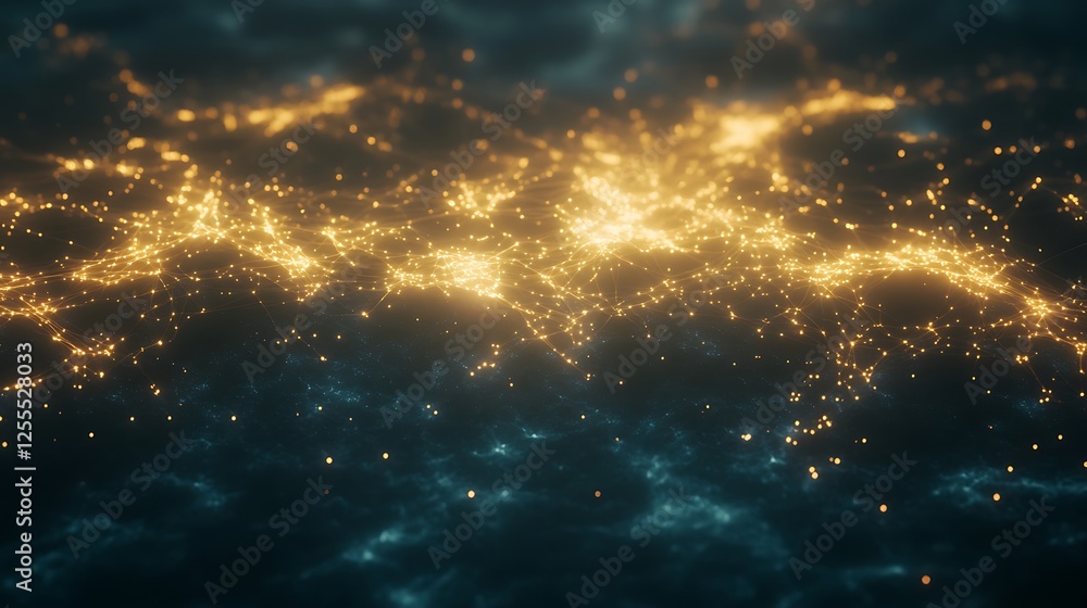 Poster a mesmerizing depiction of luminous patterns resembling a cosmic network, set against a dark, watery