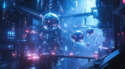 Obraz premium Neon Blue Molecular Illustration in Futuristic Setting